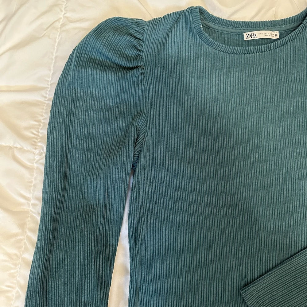 Zara Teal Long Sleeve Ribbed Tee - Picture 3 of 4